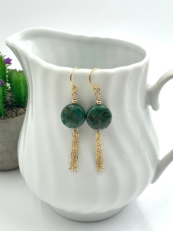 Green Gemstone Tassel Earrings In 14k Gold Fill, Serpentine Earrings In Gold, Everyday Wear, Ready To Ship