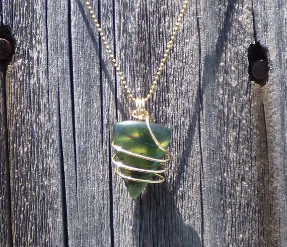Green Serpentine Trillion Wire Wrapped Pendant In Raw Brass Wire With An 18" Brass Tiny Ball Chain Necklace