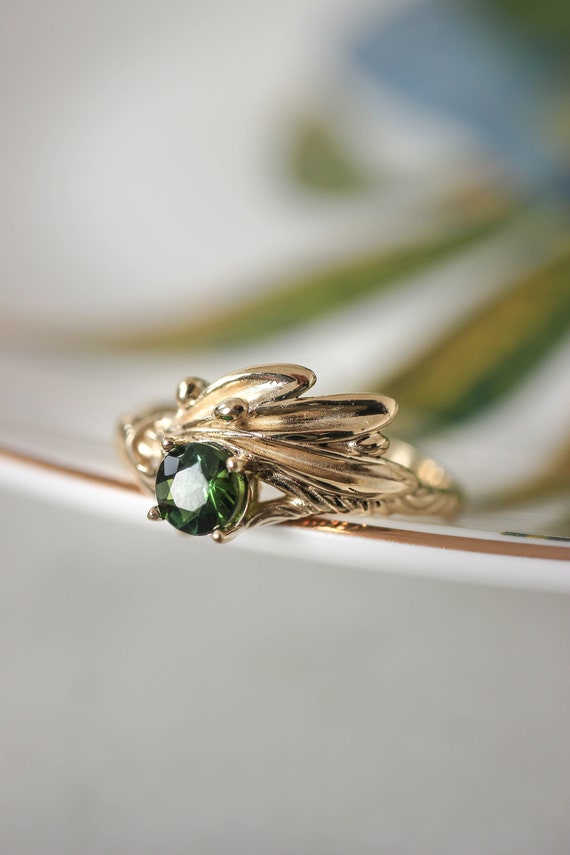 Olive Branch Ring, Green Tourmaline Ring, Nature Wedding Ring, Leaves Ring, Unique Ring For Women, Branch Engagement Ring, Leaf Ring