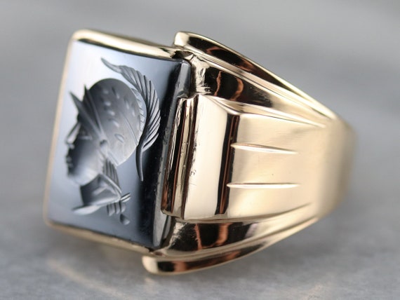 Men's Hematite Intaglio Statement Ring, Crosby Ring, Yellow Gold Hematite Ring, Right Hand Ring, Anniversary Gift, Men's Jewelry Qw3jq69j