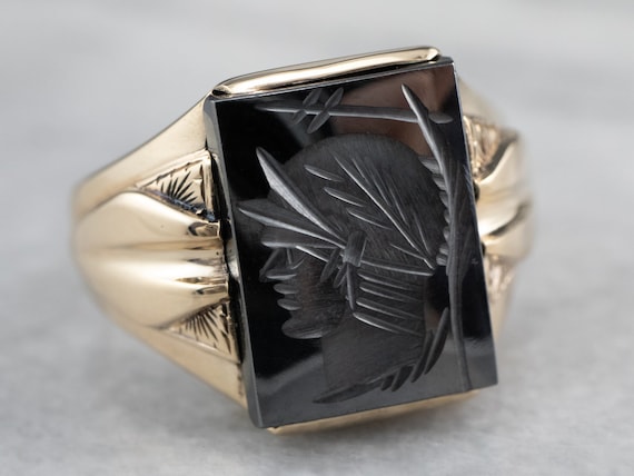Men's Hematite Intaglio Ring, Vintage Men's Ring, Yellow Gold Hematite Ring, Right Hand Ring, Anniversary Gift, Men's Jewelry 95tfq7ch