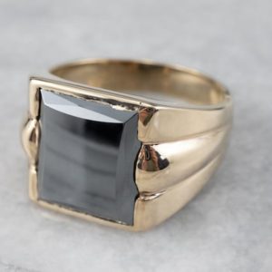 Shop Hematite Rings! Men's Hematite Statement Ring, Grey Stone Ring, Yellow Gold Ring, Unisex Hematite Ring, Cabochon Ring KJ62P9X7 | Natural genuine Hematite rings, simple unique handcrafted gemstone rings. #rings #jewelry #shopping #gift #handmade #fashion #style #affiliate #ad