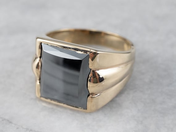 Men's Hematite Statement Ring, Grey Stone Ring, Yellow Gold Ring, Unisex Hematite Ring, Cabochon Ring Kj62p9x7