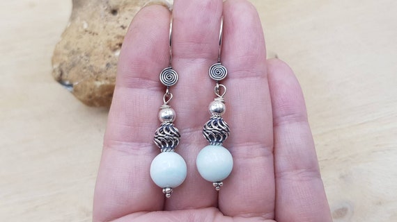 Small Rare Hemimorphite Earrings. Crystal Reiki Jewelry Uk. Small Pale Blue Bali Bead Earrings. 10mm Stone