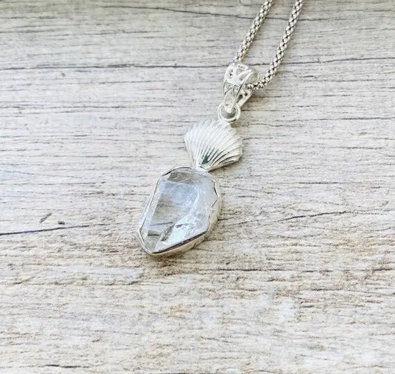 Seashell Natural Raw Herkimer Diamond Pendant, Genuine Herkimer Diamond Necklace, 925 Sterling Silver Necklace, Natural Crystal Pendant