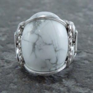 Sterling Silver Howlite Cabochon Wire Wrapped Ring | Natural genuine Gemstone rings, simple unique handcrafted gemstone rings. #rings #jewelry #shopping #gift #handmade #fashion #style #affiliate #ad