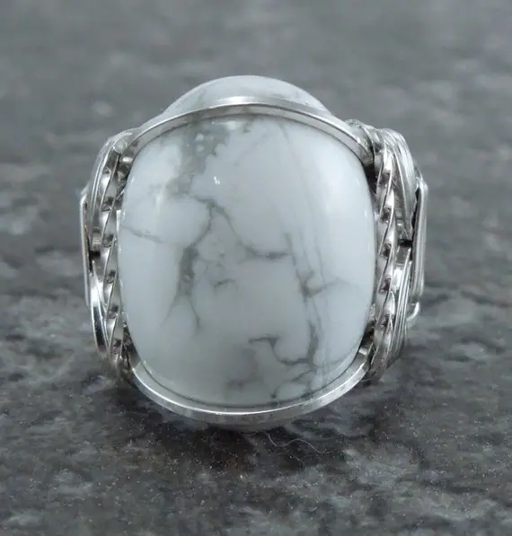 Sterling Silver Howlite Cabochon Wire Wrapped Ring