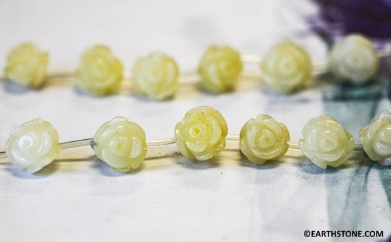 M/ Yellow Jade 12mm/ 10mm Carved Flower Beads 15.5 Inches Long,  Natural Yellow Carved 3-d Flower, For Earring,and Jewelry Use