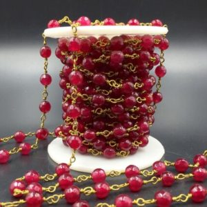 Shop Jade Faceted Beads! 6mm Red Jade Rosary Chain Faceted Jade Beads Rosary Style Chain Wire Wrapped Gemstone Jewelry Chain Silver/Gold Plated Beads Chain FCN | Natural genuine faceted Jade beads for beading and jewelry making.  #jewelry #beads #beadedjewelry #diyjewelry #jewelrymaking #beadstore #beading #affiliate #ad