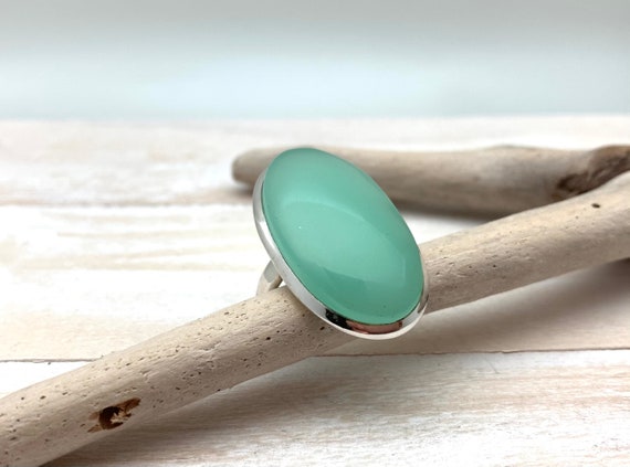 Jade Chalcedony Ring Size 9 // Cabochon Jade Chalcedony Stone Ring // Oval Jade Chalcedony Statement Ring // 925 Sterling Silver