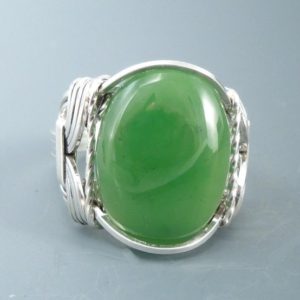 Shop Jade Rings! Nephrite Jade Sterling Silver Wire Wrapped Cabochon Ring | Natural genuine Jade rings, simple unique handcrafted gemstone rings. #rings #jewelry #shopping #gift #handmade #fashion #style #affiliate #ad