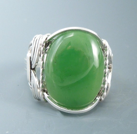Nephrite Jade Sterling Silver Wire Wrapped Cabochon Ring