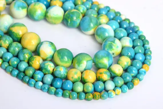 Green Blue & Yellow Rain Flower Jade Loose Beads Round Shape 6mm 8mm 10mm 12mm