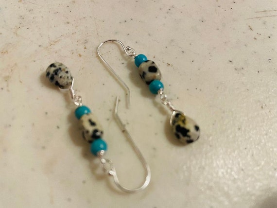 Dalmatian Jasper Earrings - Turquoise Howlite Gemstone Jewellery - Sterling Silver Jewelry - Dangle - Fashion