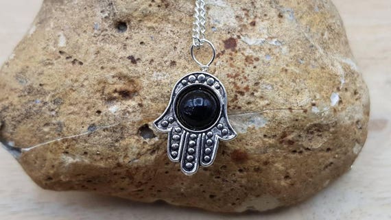 Hamsa Jet Pendant. Reiki Jewelry Uk. Silver Plated Hamsa Hand Necklace. Black 8mm Stone. Protection Symbol.