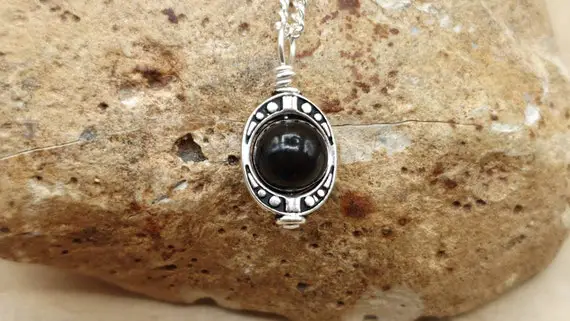 Tiny Black Jet Pendant Necklace. 8mm Stone. Crystal Reiki Jewelry Uk. Minimalist Oval Frame Jewellery. Empowered Crystals