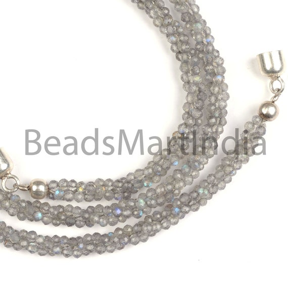Labradorite Faceted Round Shape Bead Necklace With Silver Lock, Labradorite Machine Cut Faceted Necklace, Labradorite Faceted Silver Bead