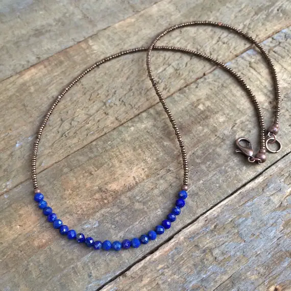 Minimalist Lapis Necklace, Lapis Layering Necklace, Lapis Lazuli Choker Necklace, Stacking Necklace, Tiny Beaded Necklace
