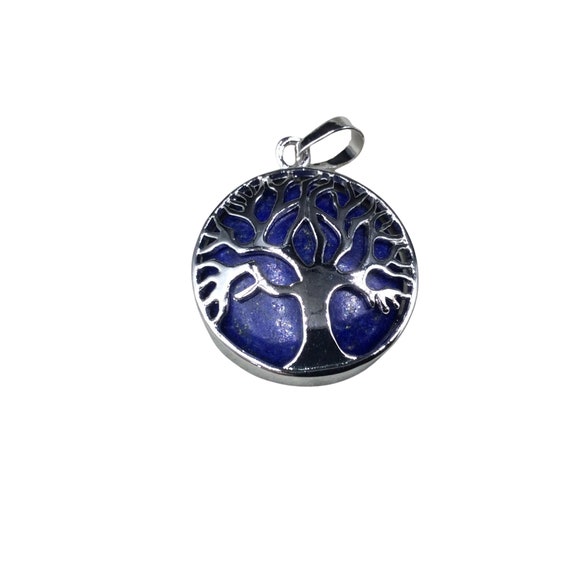 1" Silver Plated Copper Cut Out Tree Focal Bezel Pendant With Lapis Lazuli Stone - Measures 26mm X 26mm - Sold Per Each, Chosen At Random