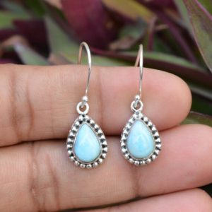 Shop Larimar Earrings! 925 Sterling Silver Larimar Earrings, Larimar 7×10 mm Pear Gemstone Earrings, Larimar Earrings, Handmade Earrings, Silver Earrings, Larimar | Natural genuine Larimar earrings. Buy crystal jewelry, handmade handcrafted artisan jewelry for women.  Unique handmade gift ideas. #jewelry #beadedearrings #beadedjewelry #gift #shopping #handmadejewelry #fashion #style #product #earrings #affiliate #ad