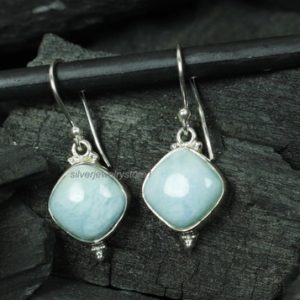 Shop Larimar Earrings! Natural Larimar Earrings, 925 Sterling Silver Earrings, 10x10mm Cushion Earrings, Boho Earring, Women Earrings, Larimar Earring Jewelry | Natural genuine Larimar earrings. Buy crystal jewelry, handmade handcrafted artisan jewelry for women.  Unique handmade gift ideas. #jewelry #beadedearrings #beadedjewelry #gift #shopping #handmadejewelry #fashion #style #product #earrings #affiliate #ad