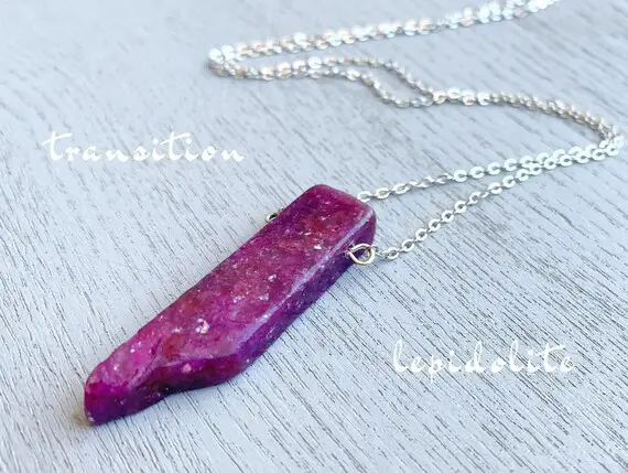 Long Lepidolite Crystal Necklace, Anxiety Necklace, Purple Stone Necklace Silver, Natural Crystal Healing Necklace, Raw Lepidolite Jewelry