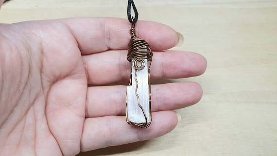 Mens Raw Selenite Pendant. Wire Wrapped Selenite Necklace.  Raw Crystal Necklace. Unisex Reiki Jewelry Uk