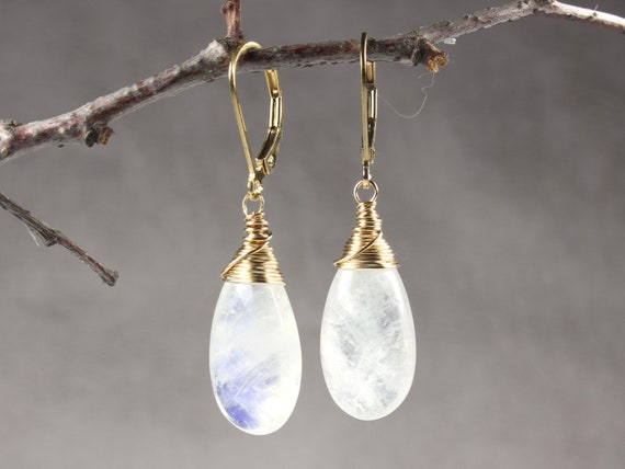 Moonstone Earrings Gold Filled Wire Wrapped Natural Gemstone Simple Dangle Drops June Birthstone Gift For Her Women 6128