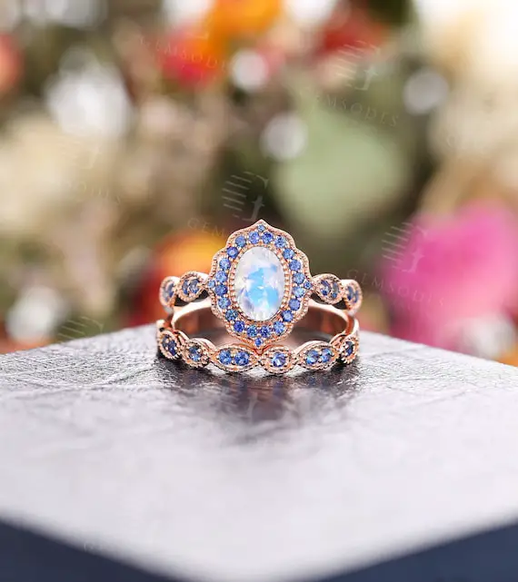 Moonstone Engagement Ring Set Rose Gold Milgrain Sapphire Ring Set Art Deco Wedding Vintage Antique Unique Oval Bridal Anniversary Ring
