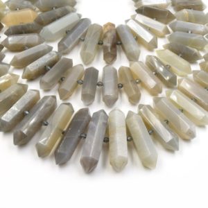 Shop Moonstone Bead Shapes! Gray Moonstone Beads | Double Point Center Drilled Gemstone Beads | 25mm – 50mm Graduated Double Point Shaped Beads | Natural genuine other-shape Moonstone beads for beading and jewelry making.  #jewelry #beads #beadedjewelry #diyjewelry #jewelrymaking #beadstore #beading #affiliate #ad