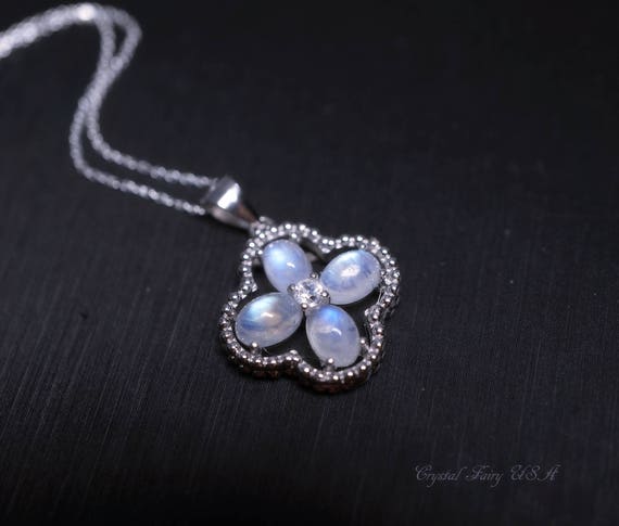 Dainty Flash Moonstone Necklace - Sterling Silver Four Leaf Clover Pendant Natural Moonstone Jewelry #423
