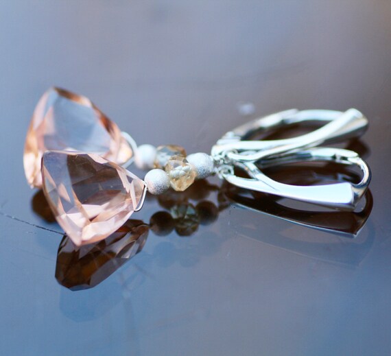 Peach Morganite Wire Wrapped Earrings Sterling Silver 925 ,  Hinges , March November Birthstone