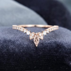 Curved wedding band vintage rose gold wedding band women Marquise cut Morganite/Moissanite/Diamond ring stacking matching Unique Bridal gift | Natural genuine Gemstone rings, simple unique alternative gemstone engagement rings. #rings #jewelry #bridal #wedding #jewelryaccessories #engagementrings #weddingideas #affiliate #ad