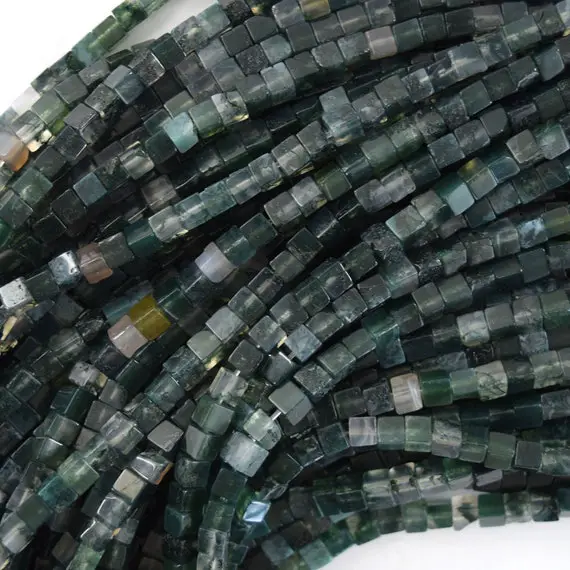 4mm Natural Green Moss Agate Cube Beads 15.5" Strand