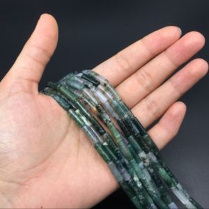Shop Moss Agate Round Beads! Moss Agate Tube Beads Natural Agate Beads Green Gemstone Round Tube Beads 4x14mm High Quality Jewelry Supplies bulk wholesale | Natural genuine round Moss Agate beads for beading and jewelry making.  #jewelry #beads #beadedjewelry #diyjewelry #jewelrymaking #beadstore #beading #affiliate #ad
