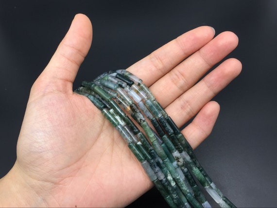 Moss Agate Tube Beads Natural Agate Beads Green Gemstone Round Tube Beads 4x14mm High Quality Jewelry Supplies Bulk Wholesale
