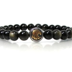 Shop Obsidian Bracelets! Golden Sheen Obsidian Mens Bracelet with 316L Stainless Steel Eagle Head Bracelet, Mens Gemstone Bracelet, Mens Beaded Cross Bracelet | Natural genuine Obsidian bracelets. Buy handcrafted artisan men's jewelry, gifts for men.  Unique handmade mens fashion accessories. #jewelry #beadedbracelets #beadedjewelry #shopping #gift #handmadejewelry #bracelets #affiliate #ad