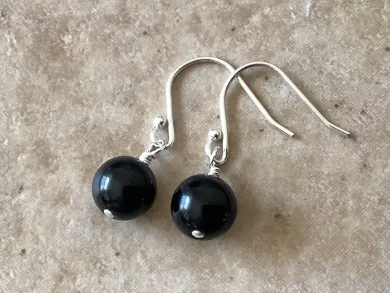 Black Obsidian Drop Earrings In Sterling, 1"