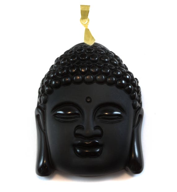 Buddha Necklace Pendant Black Carved Obsidian Sterling Or Gold Plate Bail Large Carved Head Obsidian Black Stone Bezel Set Men's Man Women