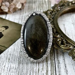 Shop Obsidian Rings! Size 7 Silver Sheen Obsidian Statement Ring in fine Silver / Foxlark Collection – One of a Kind / Big Crystal Ring Witchy Jewelry Gemstone | Natural genuine Obsidian rings, simple unique handcrafted gemstone rings. #rings #jewelry #shopping #gift #handmade #fashion #style #affiliate #ad