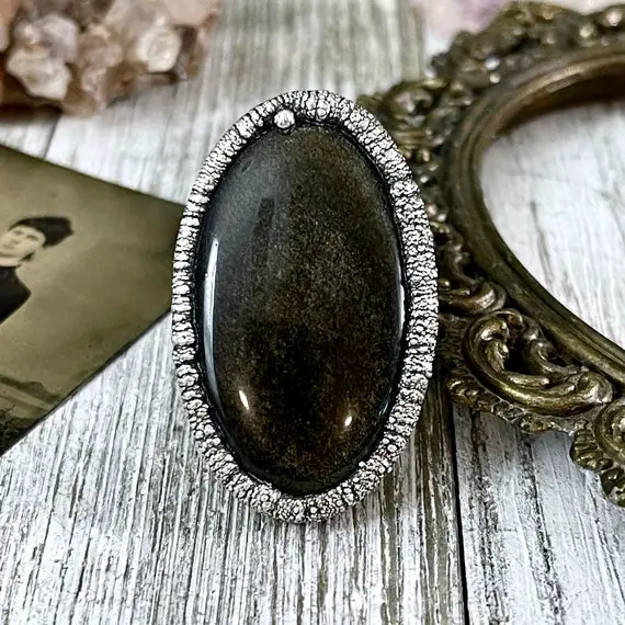 Size 7 Silver Sheen Obsidian Statement Ring In Fine Silver / Foxlark Collection - One Of A Kind / Big Crystal Ring Witchy Jewelry Gemstone