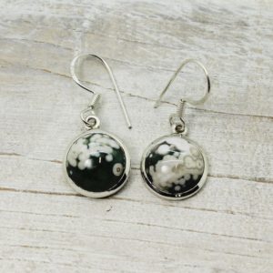 Shop Ocean Jasper Earrings! Round Ocean Jasper earrings green and white color stone drop earrings set on sterling silver 925 round cab stone genuine ocean jasper stone | Natural genuine Ocean Jasper earrings. Buy crystal jewelry, handmade handcrafted artisan jewelry for women.  Unique handmade gift ideas. #jewelry #beadedearrings #beadedjewelry #gift #shopping #handmadejewelry #fashion #style #product #earrings #affiliate #ad