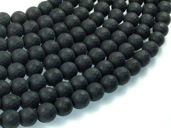 Matte Black Onyx Beads, 10mm Faceted Round, 15.5 Inch, Full Strand, Approx 40 Beads, Hole 1mm (140025014)