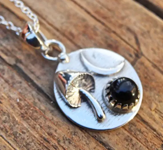 925 - Mushroom & Moon, Black Onyx Necklace, Sterling Silver Natural Stone, Mushroom Pendant, Crescent Moon Black Onyx Handmade Necklace