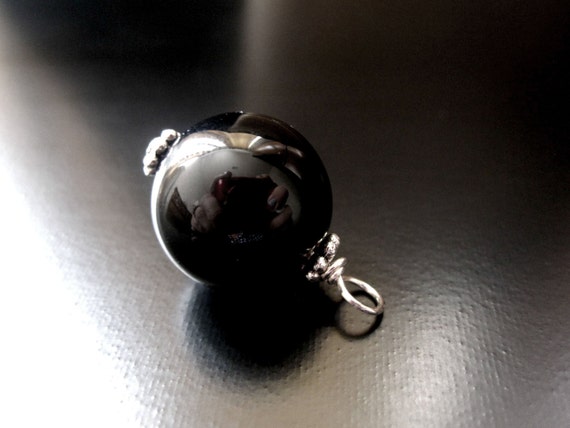 Black Onyx Pendant, Black Onyx Round Bead, Sterling Silver, Black Onyx Jewelry, Black Onyx Charm, Black Onyx Necklace, 14mm Pendant