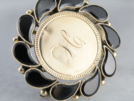 Antique Love Token, Monogram "h" Gold Coin Brooch, Black Onyx Brooch H1atcv-r