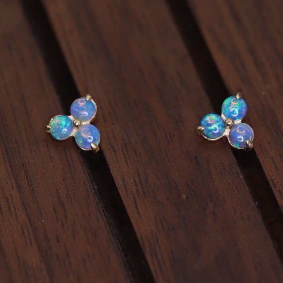 Natural 3*3mm Round Australian Opal Studs Earrings, Unique Blue Opal Studs, 18k Solid Gold Earrings, Gift For Women, Anniversary Gift