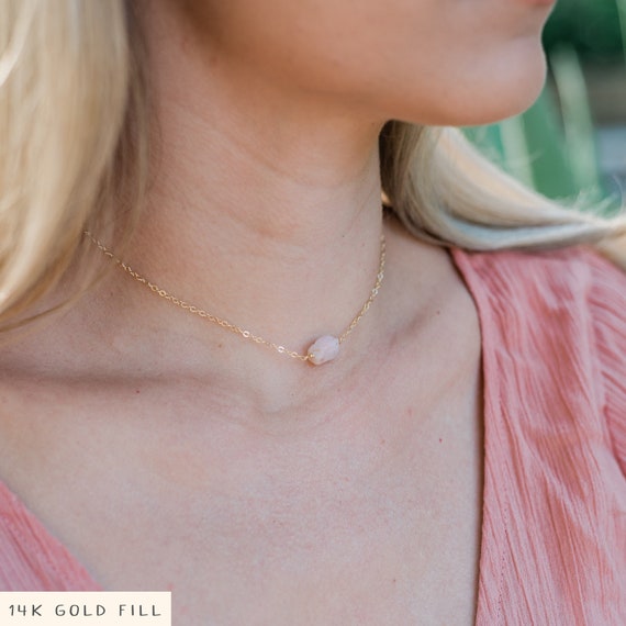 Tiny Raw Pink Peruvian Opal Crystal Nugget Choker Necklace In Gold, Silver, Bronze Or Rose Gold. Adjustable Length. Handmade To Order.