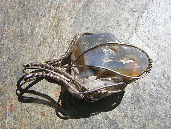 Opal Pendant, Australian Blue And Yellow Opal, Sterling Silver Wire Wrap