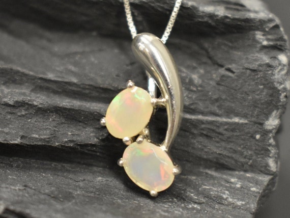 Fire Opal Necklace, Natural Fire Opal Pendant, October Birthstone Necklace, Two Stone Pendant, Anniversary Gift, Silver Pendant, Adina Stone